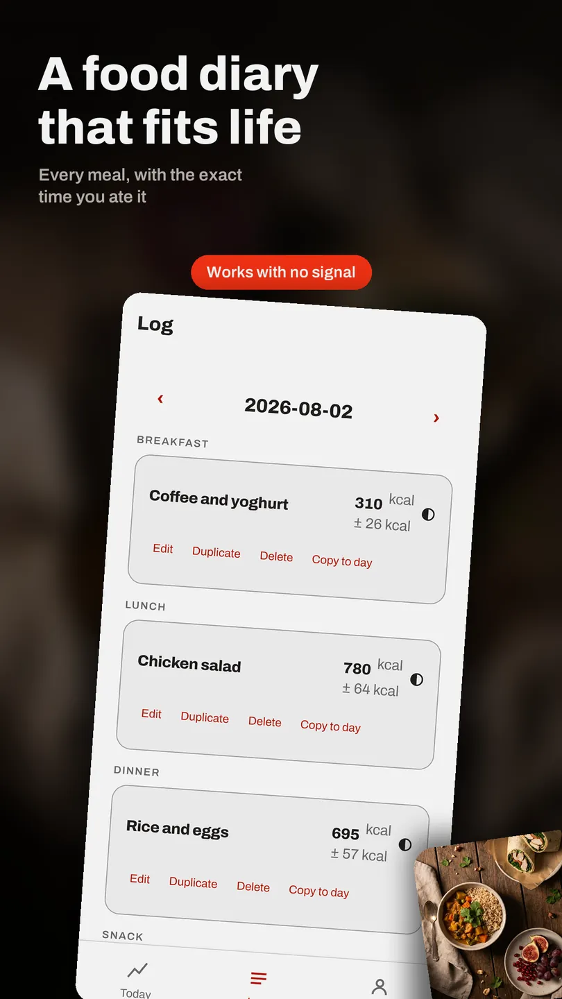 The Munch Metrics food diary, showing logged meals grouped by time of day with edit, duplicate, delete and copy actions.