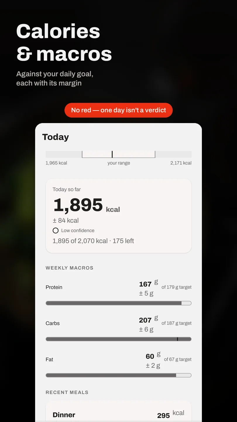 The Munch Metrics calorie and macro tracker screen, showing protein, carbs and fat against daily goals with the day's running total above.