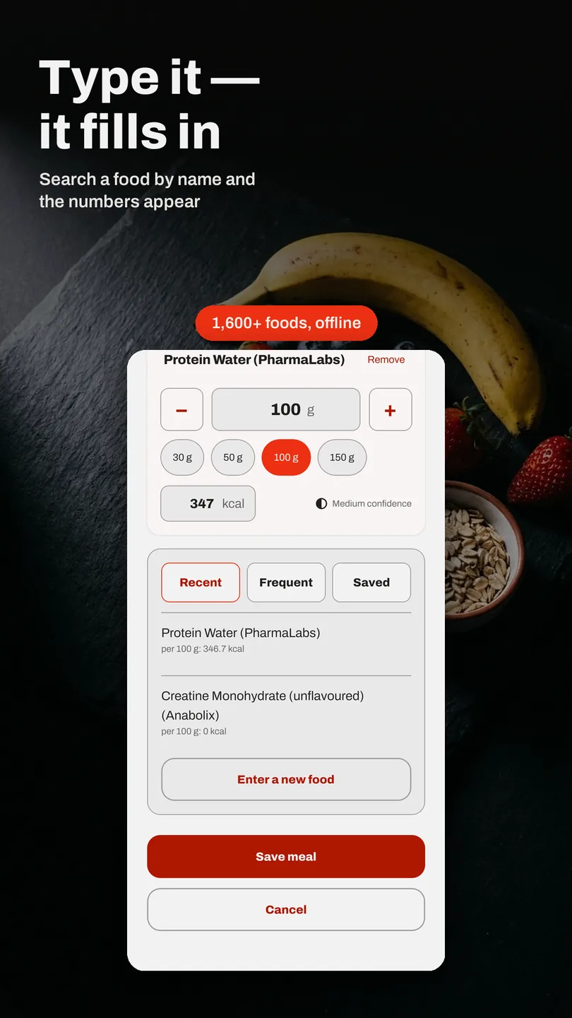 The Munch Metrics food search screen: type a food's name and the calories and macros fill in from a built-in database of over 1,600 foods, fully offline.