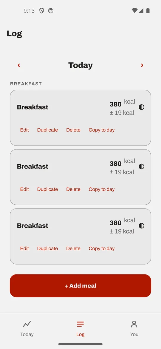 The MunchMetrics log screen, showing meals grouped by time of day with edit, duplicate, delete and copy actions.